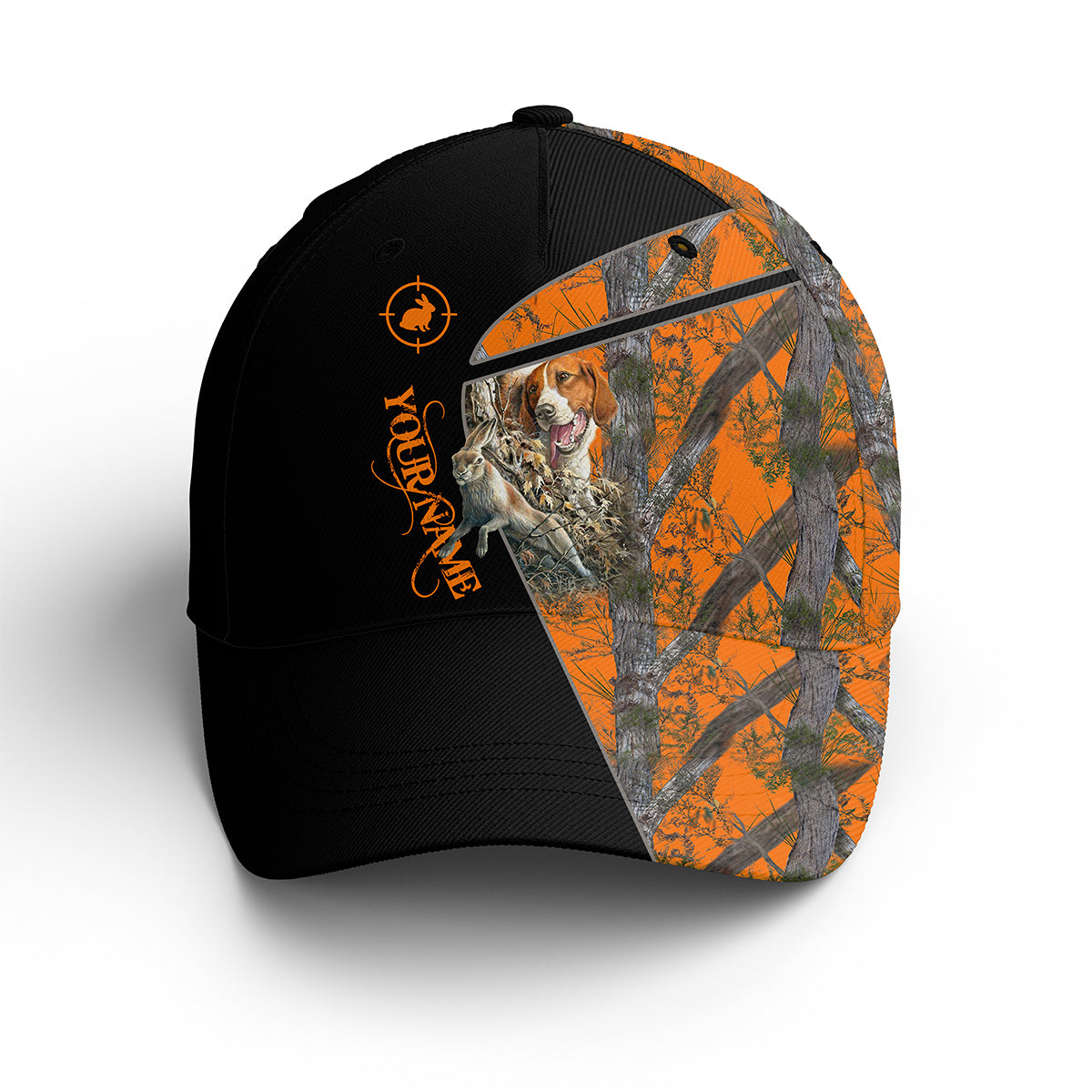 Rabbit Hunting With Beagle 3D Orange Camo Custom Hunting Hat Adjustable Mesh Unisex Hunting Baseball Hat Nqs2685