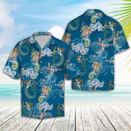 Lovely Mermaid Graphic Print Short Sleeve Hawaii Casual Shirt Ha3624