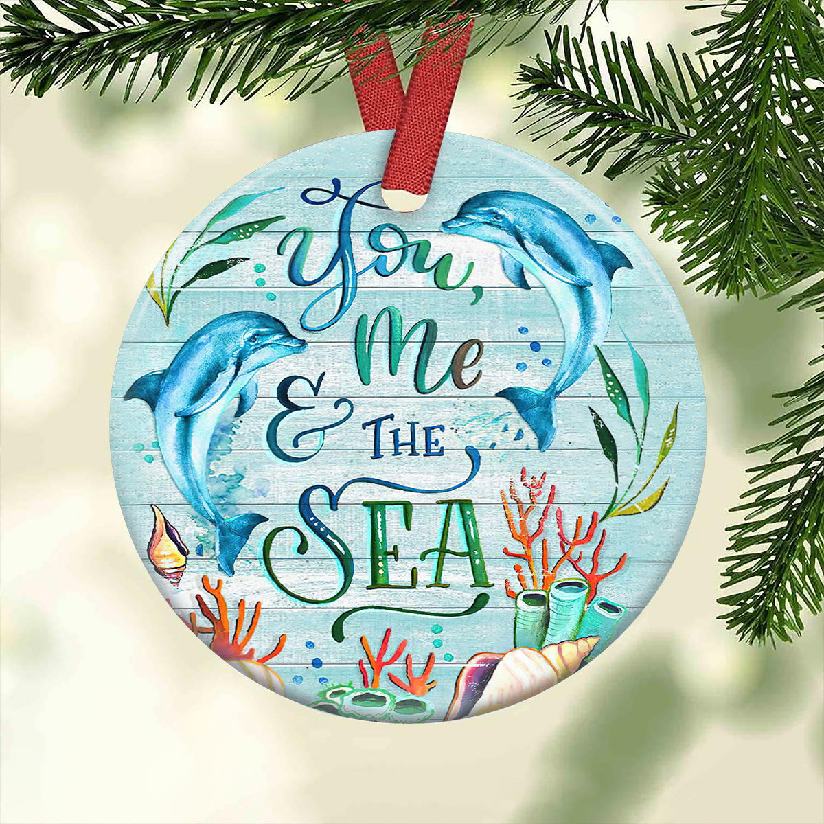 Dolphin Couple The Sea Wood Style – Circle Ornament