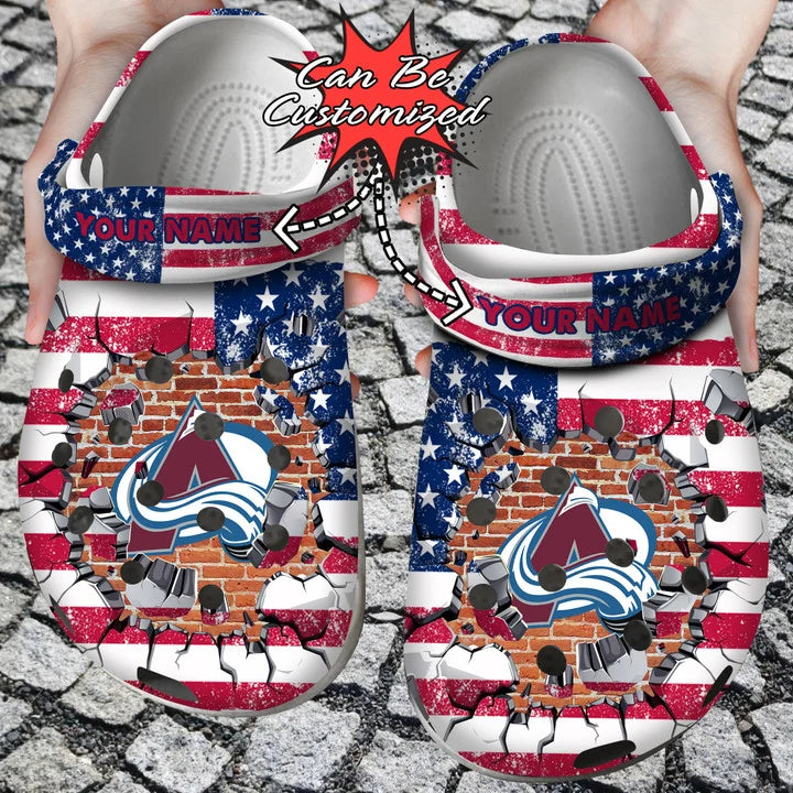 Hockey Crocss – Personalized C.Avalanche American Flag Breaking Wall Clog Shoes