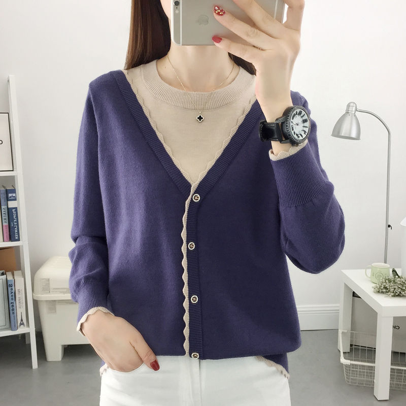 Stylish O-Neck Button Spliced Fake Two Pieces Sweaters Women’s Clothing 2022 Autumn New Loose Casual Pullovers All-match Tops alx