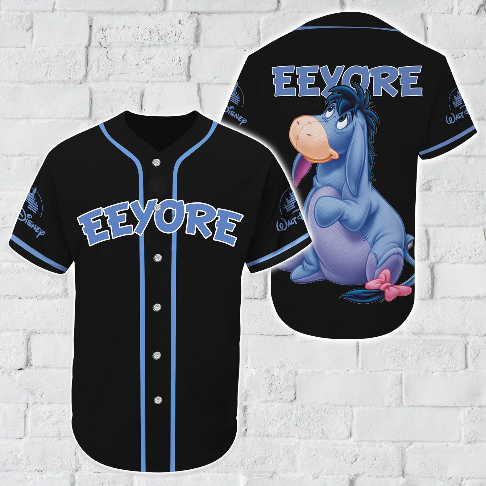 Cartoon Character Eeyore Color Baseball Tee Jersey Shirt Black All Over Printed 3D Unisex Men Women