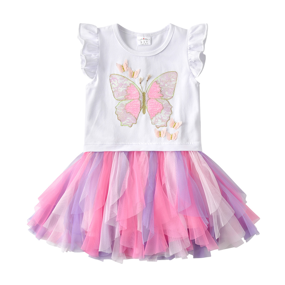 VIKITA Summer Girls Dress Butterfly Embroidery Kids Flare Sleeve Dresses Girls Princess Tutu Dress Children Casual Vestidos alx