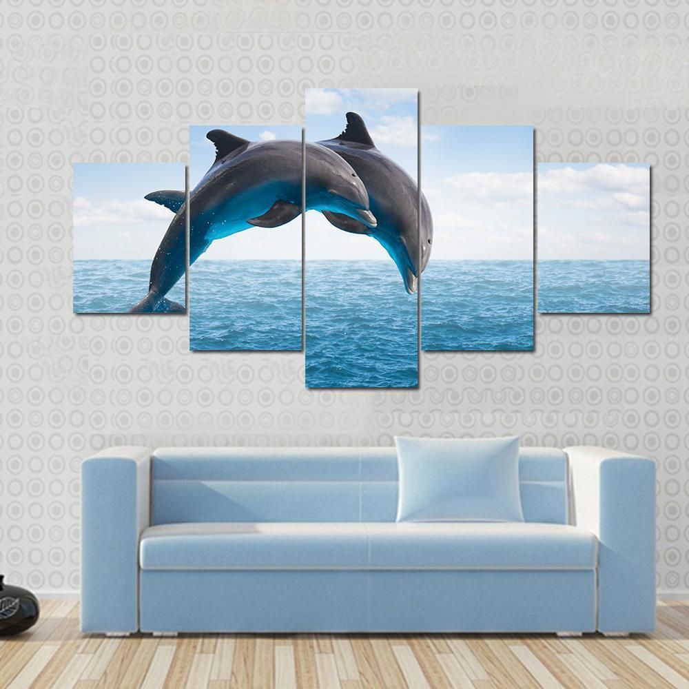 Two Jumping Dolphins Seascape With Deep Ocean Waters Animal 5 Panel Canvas Art Wall Decor