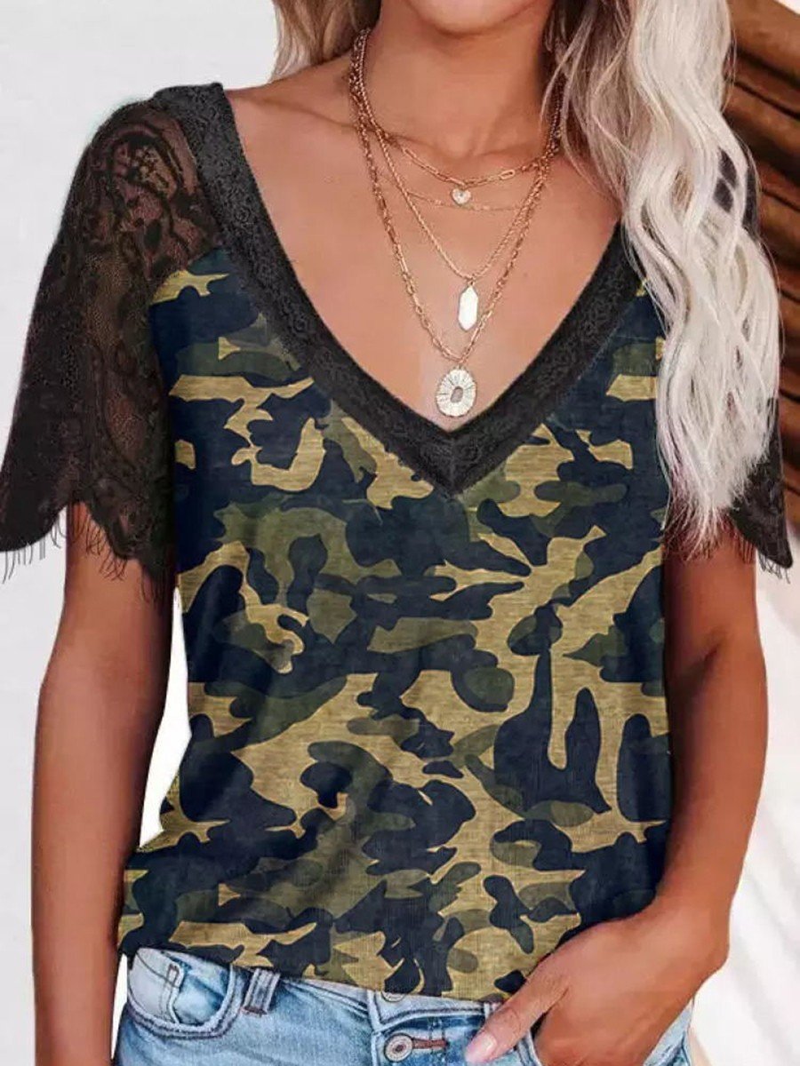 Camouflage Lace Splicing V-Neck Blouse