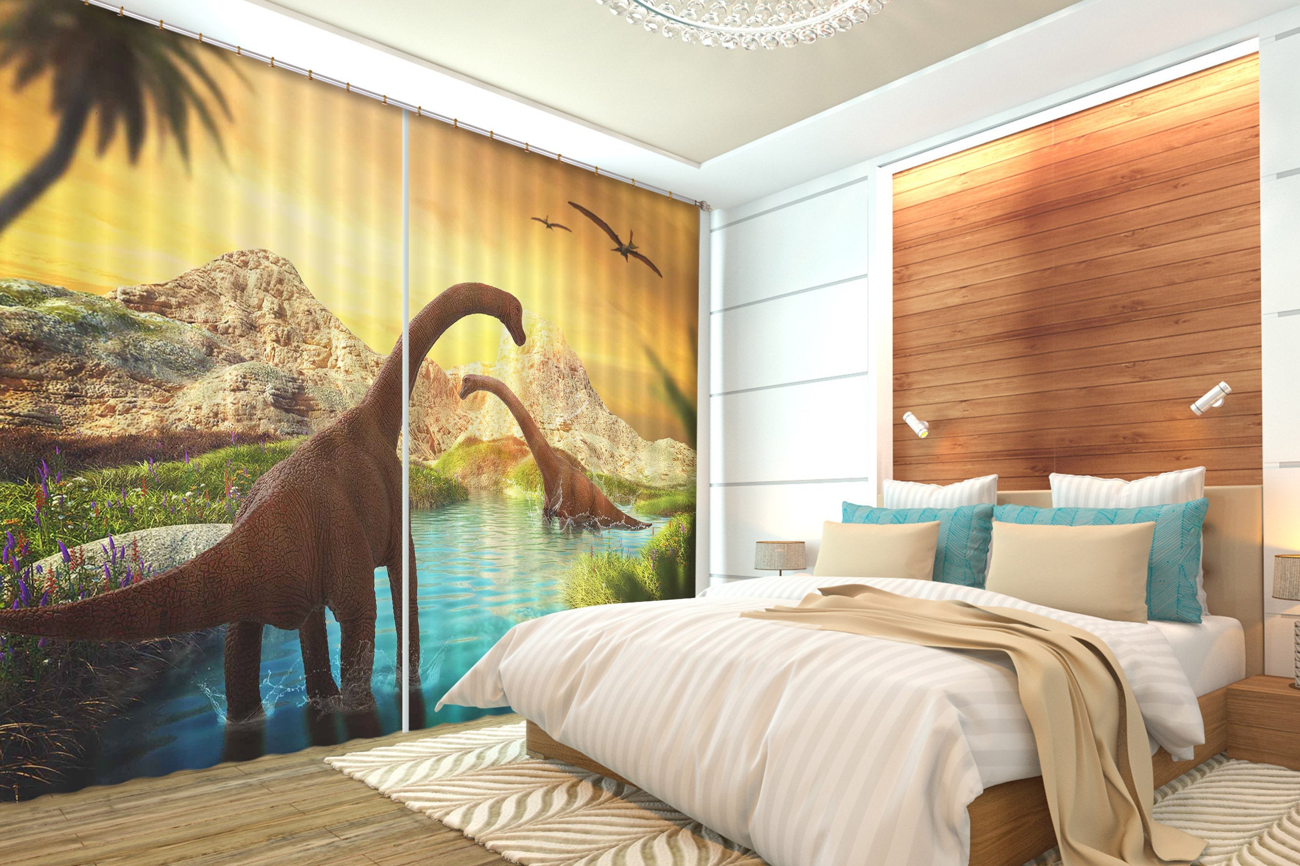 3D Dinosaur With Mountain C033 Blockout Photo Curtain Print Curtains Drapes Fabric Window | 3D Large Photo Curtain, Jess Art Decoration Wallpaper