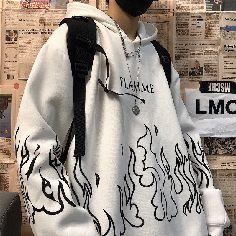 Y2K Streetwear Flame Print Hoodies Women Autumn Harajuku Oversized Hooded Sweatshirts Couple Korean Loose Long Sleeve Pullovers alx