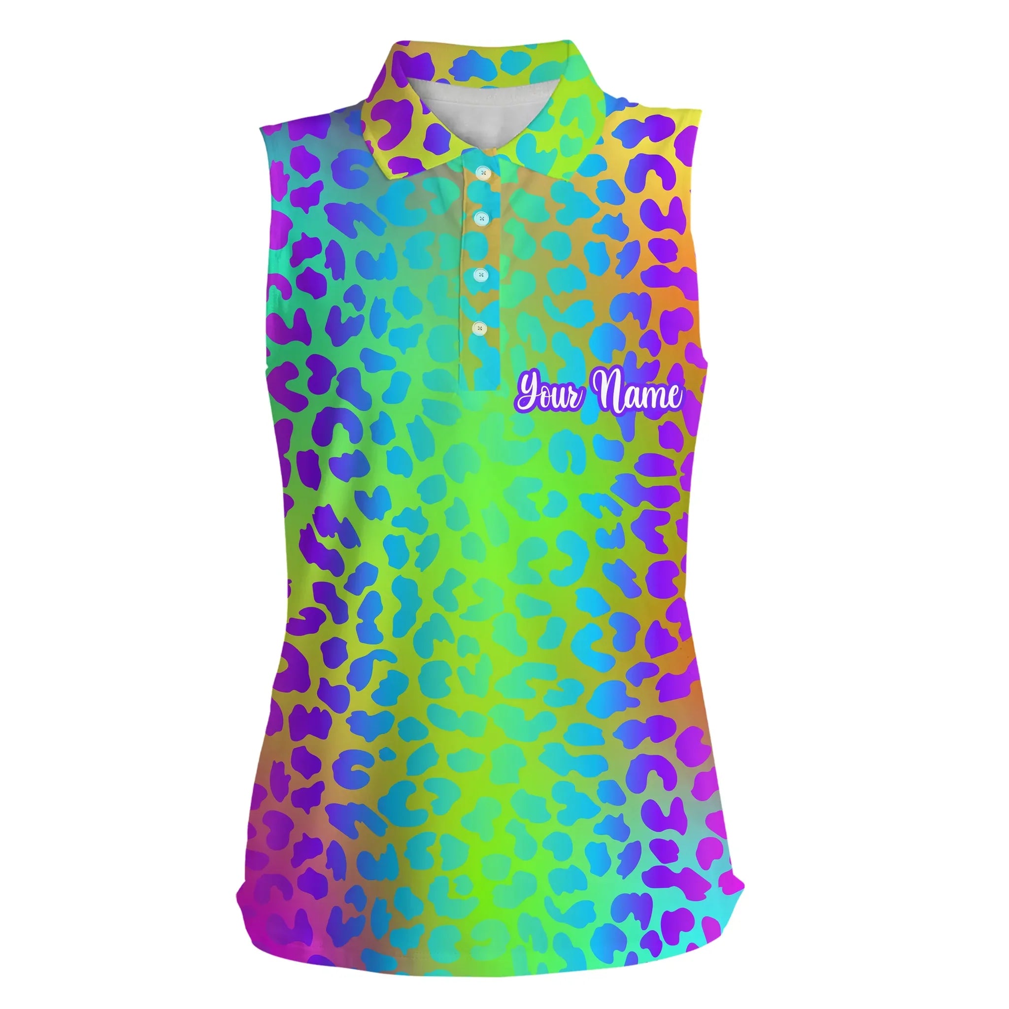 Womens Sleeveless Polo Shirt Neon Rainbow Leopard Print Custom Pattern Golf Shirt, Women Golf Top