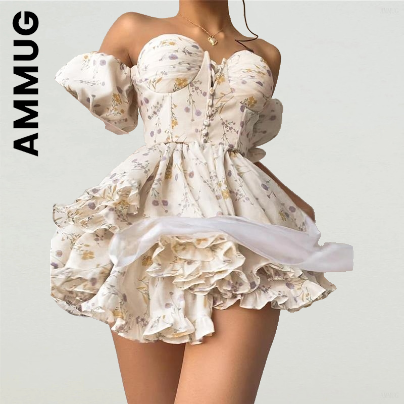 Ammug Women Dress Sexy Puff Sleeve Summer Floral Mini Dress Ladies Chic Elegant Dresses For Women Vestidos Female Woman Clothes alx