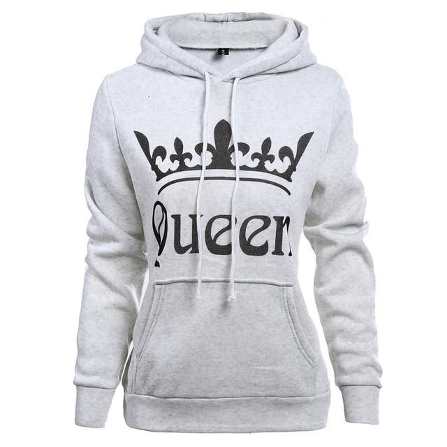 KING QUEEN Crown Print Unisex Hoodies Slim Sweatshirt for Couples Hooded Lovers Pullover Sweatshirt
