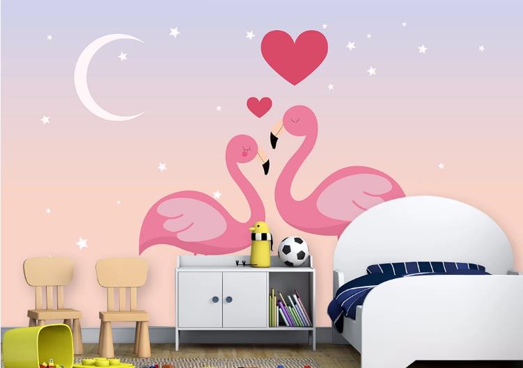 3D Cartoon Animal Flamingo Star Moon Wall Mural Wallpaper Lqh 395