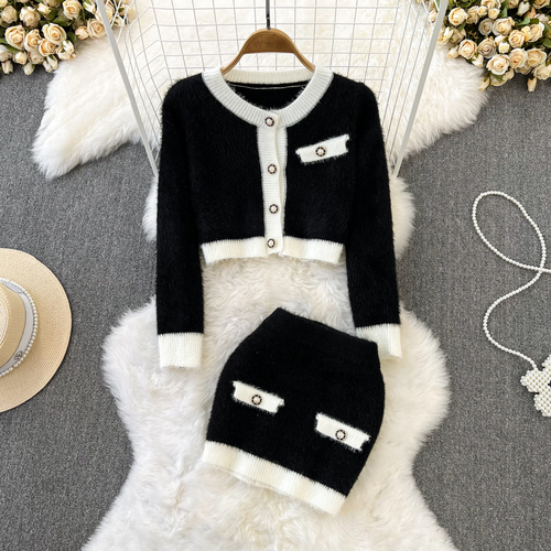 Women Chic Two Pieces Sets High Waist Sexy Wrap Pencil Skirt+ Furry Elegant Long Sleeve Knit Cardigan Fashion Autumn Sweater Set alx