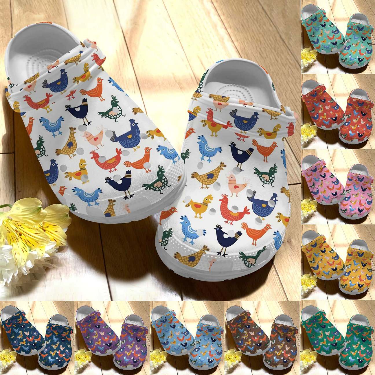 Chicken Personalize Clog, Custom Name, Text, Fashion Style For Women, Men, Kid, Print 3D Whitesole Colorful Chicken