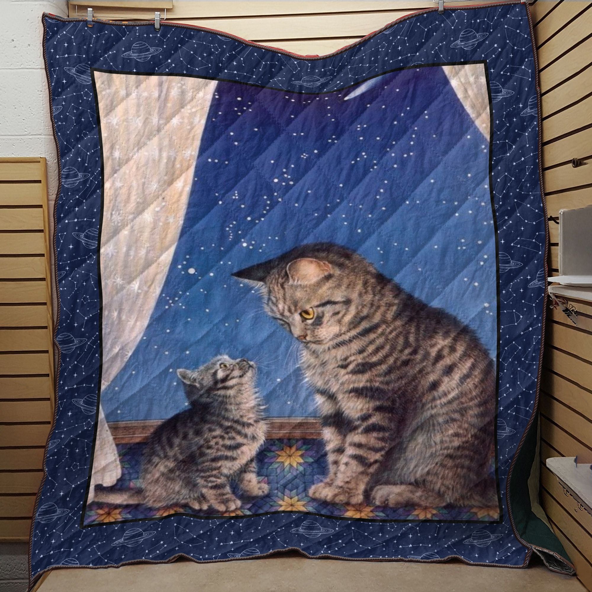 Cute Cat In Night Lovely Kitten Quilt Blanket