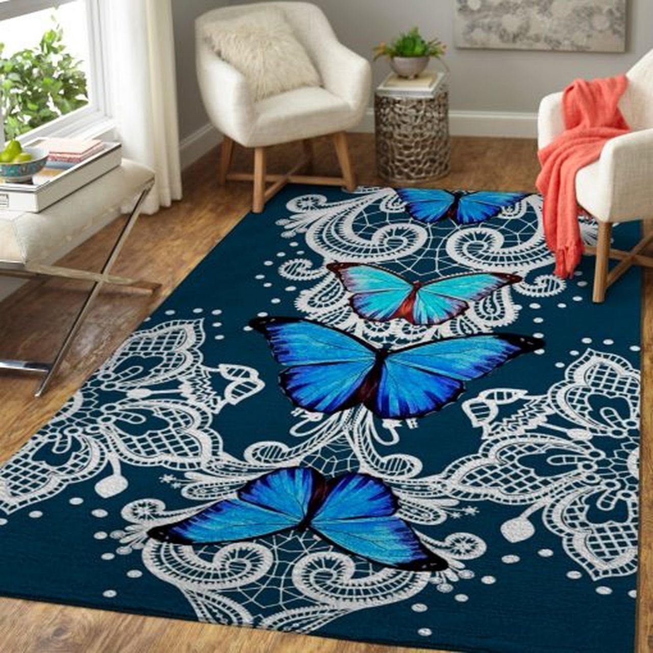 Blue Butterflies Detailed Area Rugs Living Room Carpet Floor Decor The US Decor