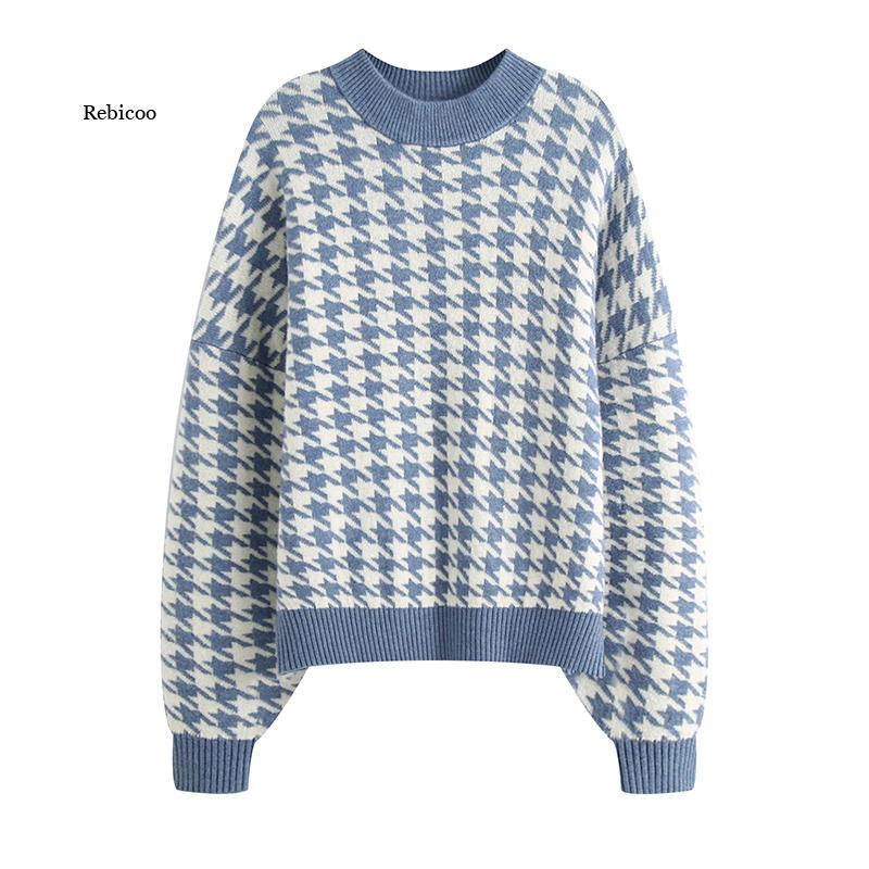 Women Fashion Oversized Jumper Houndstooth Knitted Sweaters Vintage Long Sleeve Loose Female Pullovers Chic Tops alx