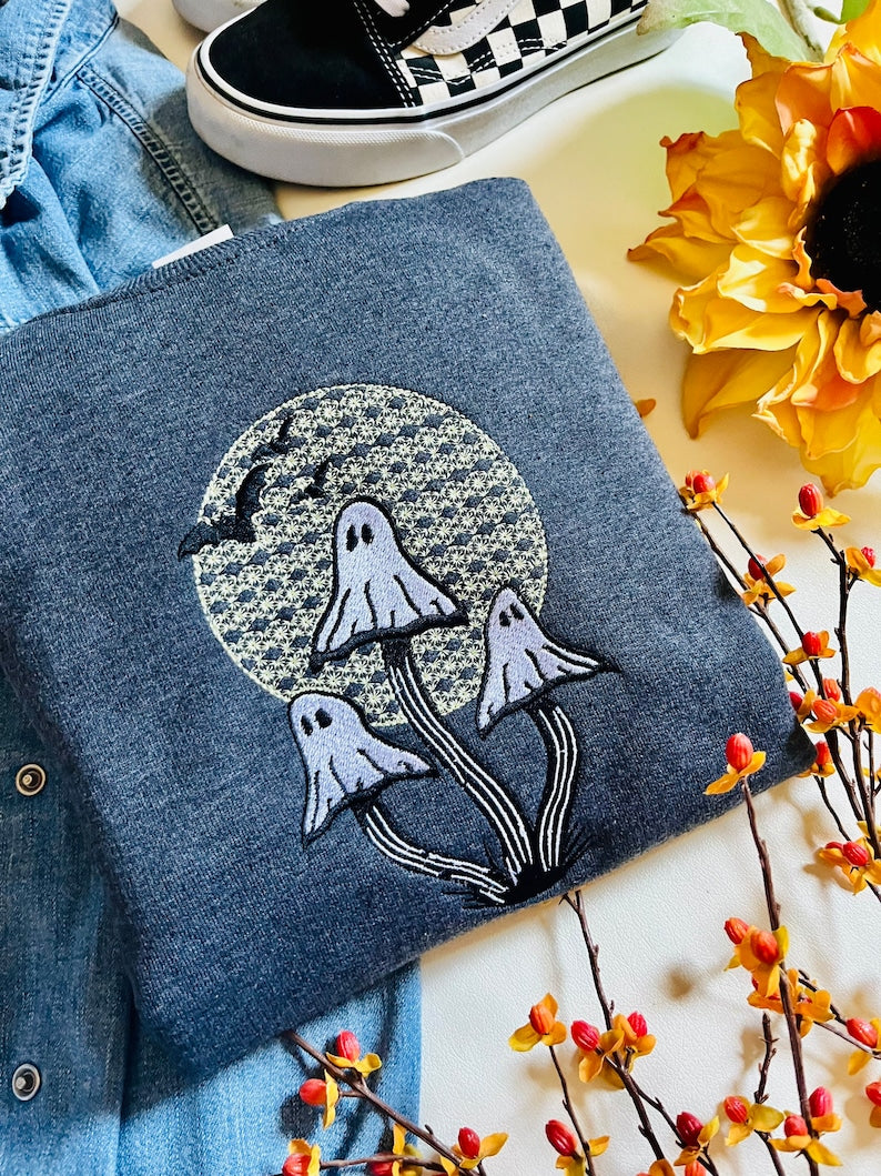 Ghost Mushroom Embroidered Sweatshirt 2D Crewneck Sweatshirt All Over Print Sweatshirt For Women Sweatshirt For Men Sws3173