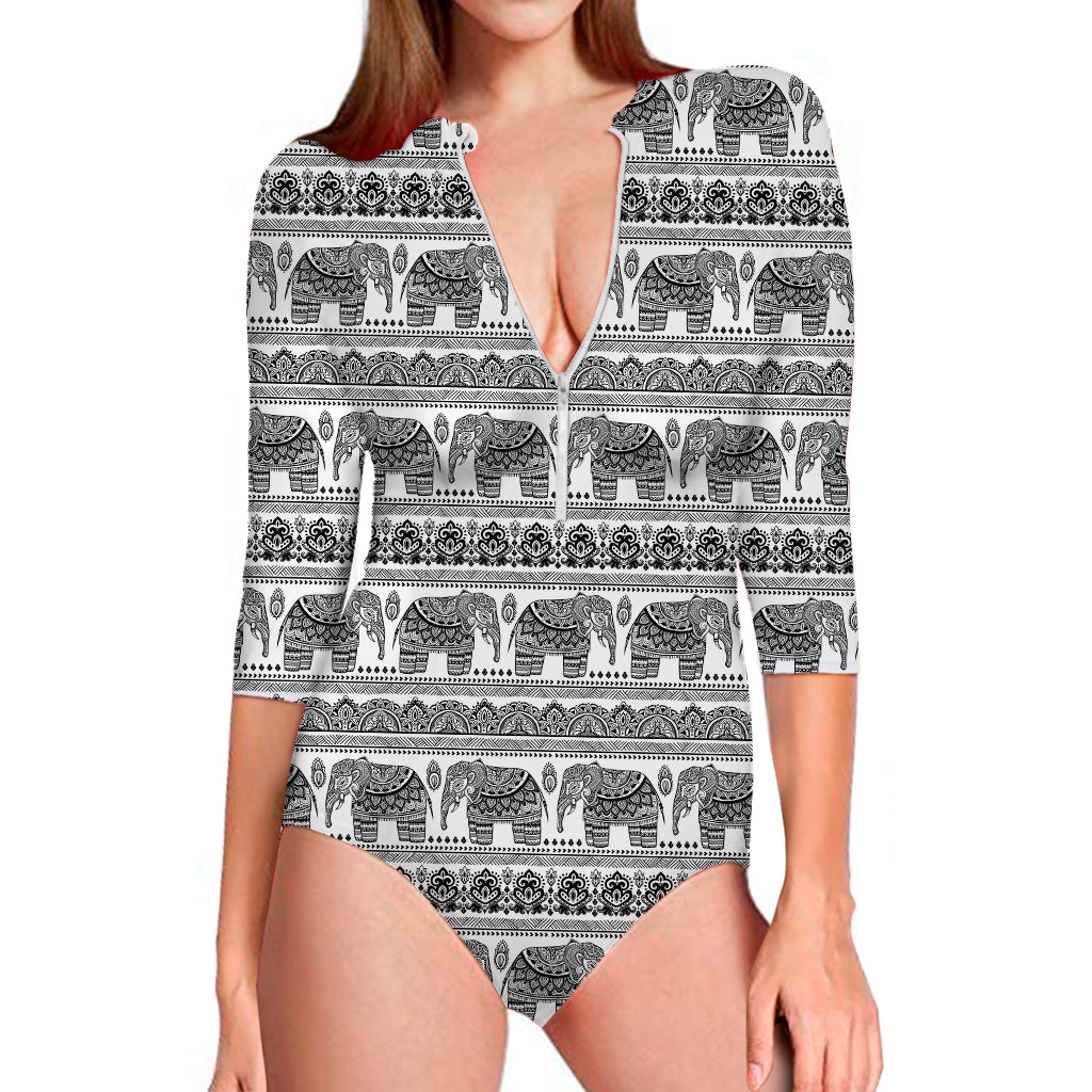 Indian Bohemian Elephant Pattern Print Long Sleeve One Piece Swimsuit