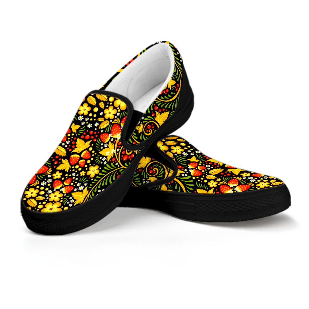 (Custom) Russian Khokhloma Royalty Slip Ons – Khokhloma Strawberries Pattern BN21