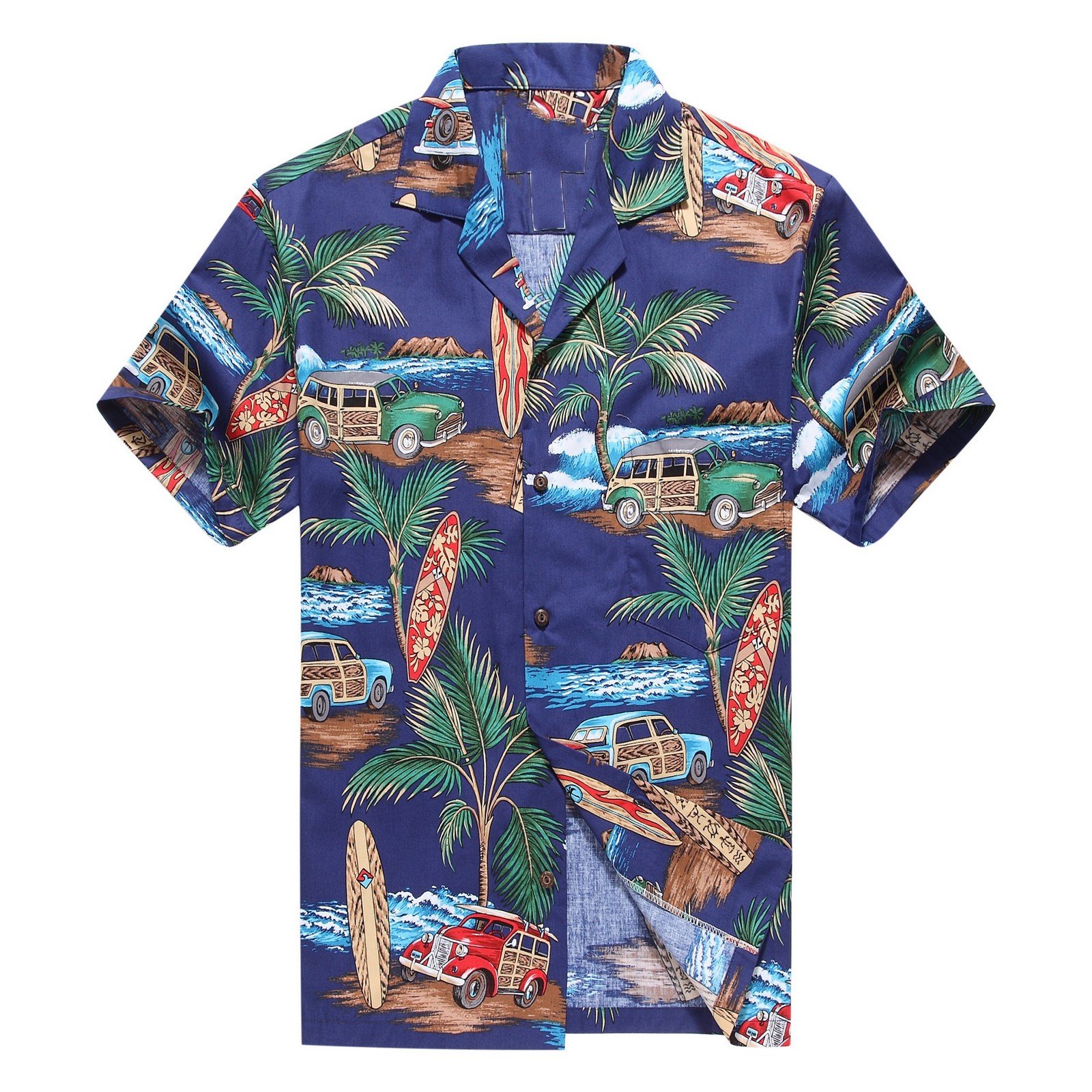 Men's Aloha Shirt Palm Surfboard Car in Blue - Pinotee Store