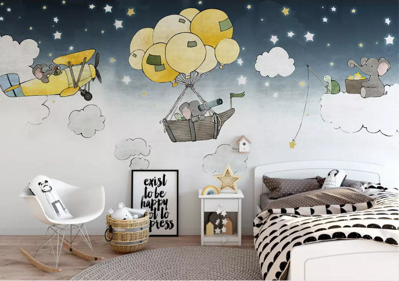 3D Kids, Hot Air Balloon, Elephant Wallpaper-Nursery