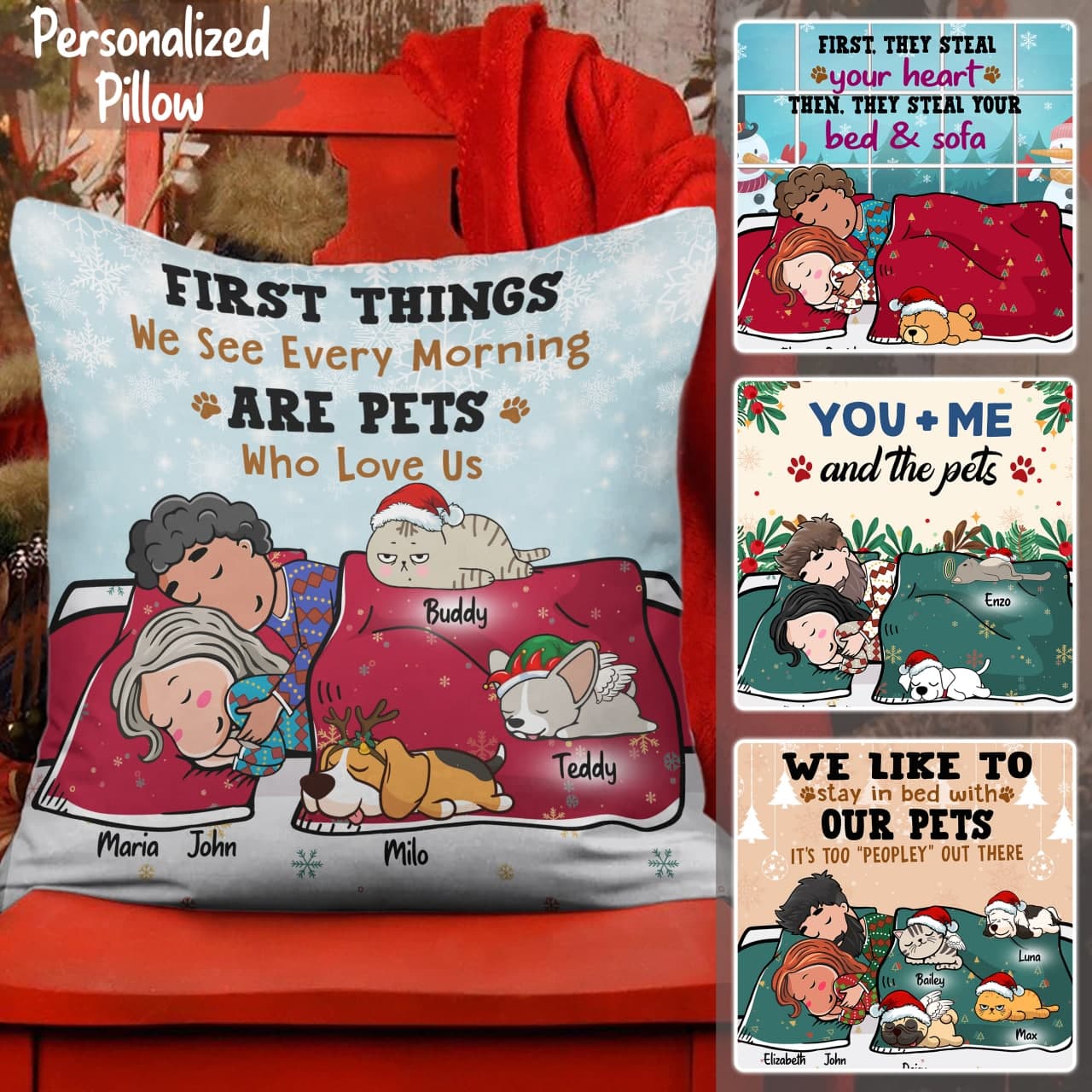 Custom Pillow For Couples/Pet Lovers – Christmas Gift With Personalized Name/Dad/Mom/Pets – You Me And The Pets – Choose Up To 5 Pets/Dogs/Cats – Furlidays