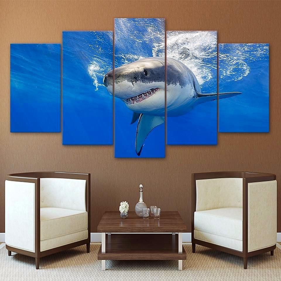 Big White Shark Animal 5 Panel Canvas Art Wall Decor