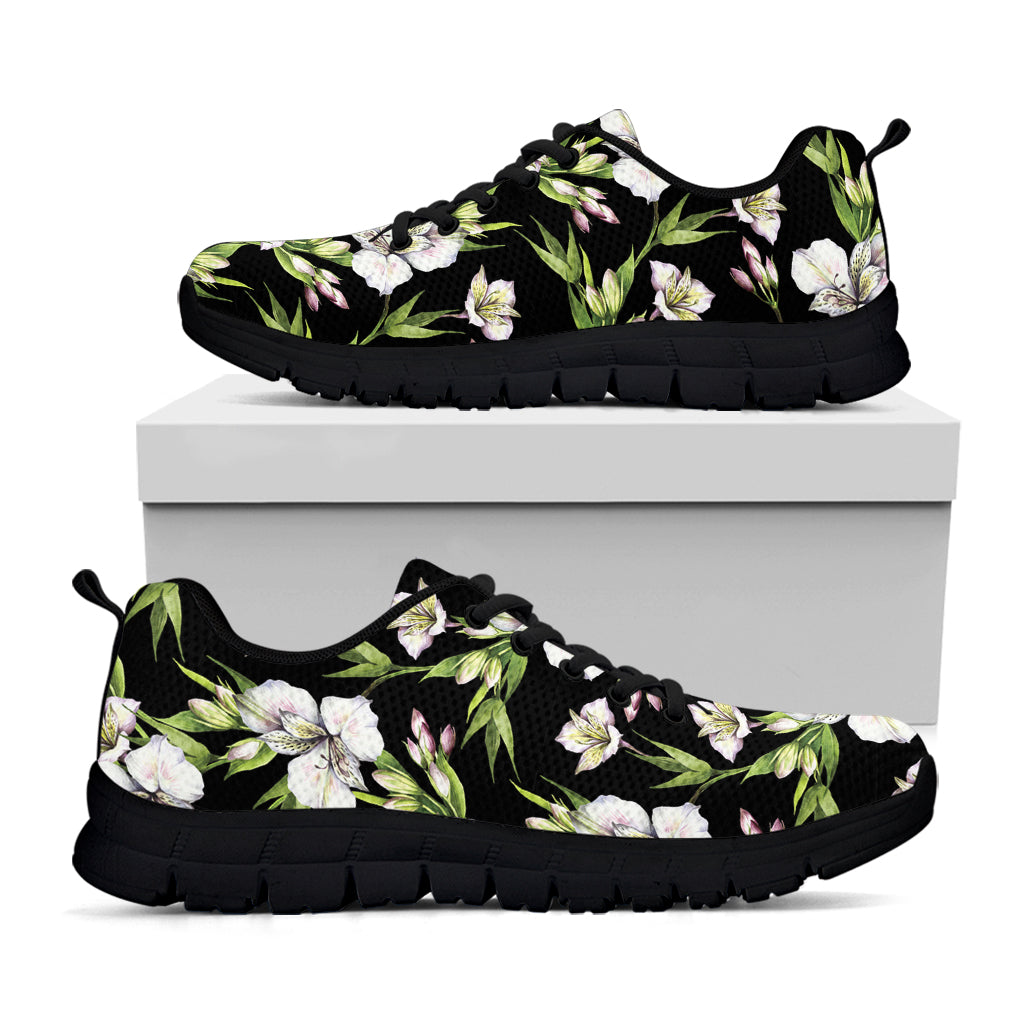 Watercolor Alstroemeria Pattern Print Black Sneakers