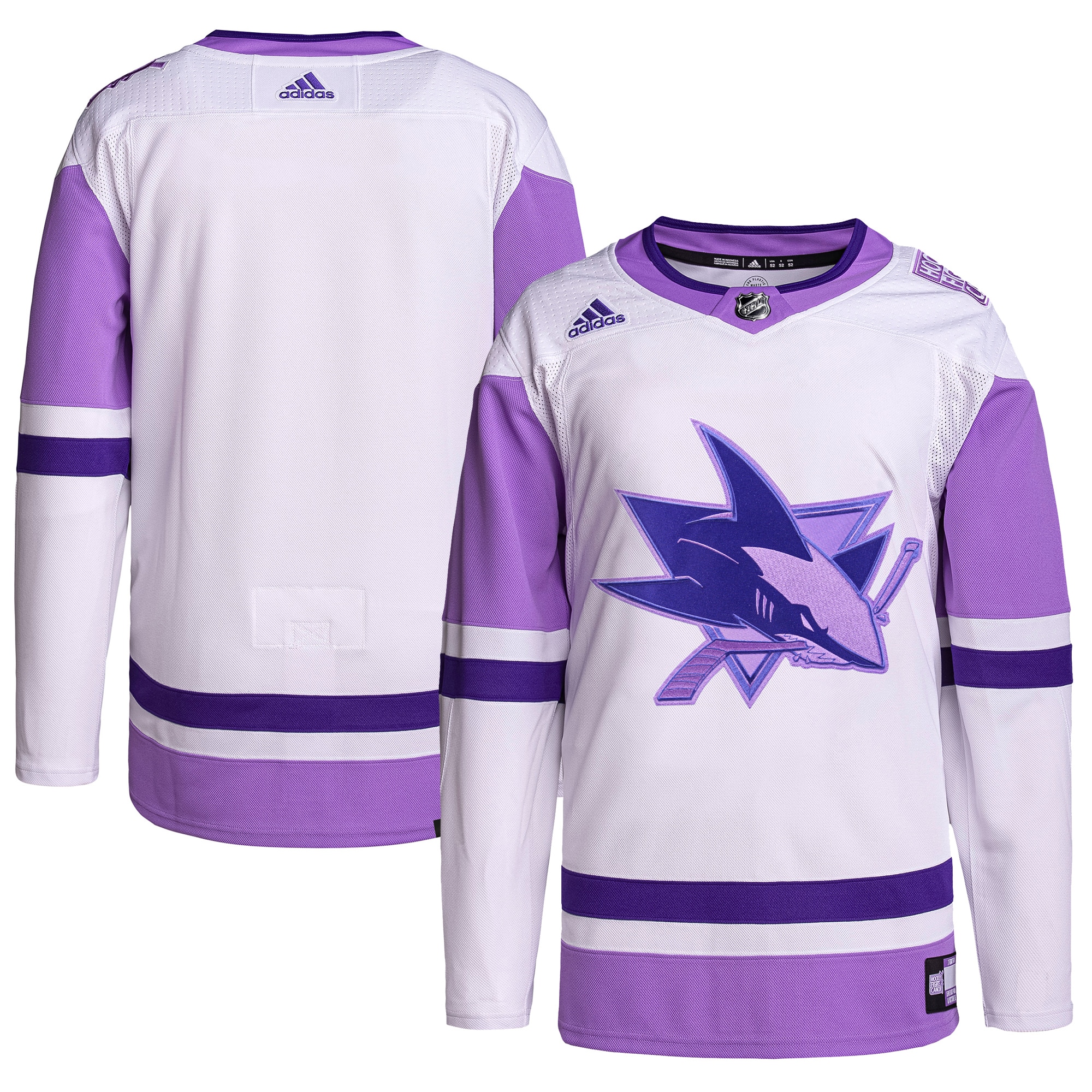 Men's San Jose Sharks adidas White/Purple Hockey Fights Cancer Primegreen Authentic Blank Practice Jersey