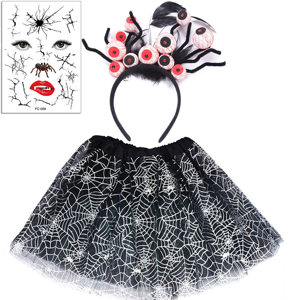 Adult Women Kids Girl Vampire Witch Dress Up Spider Web Tutu Skirt Hat Headband Tattoo Sticker Halloween Costume Candy Bag alx