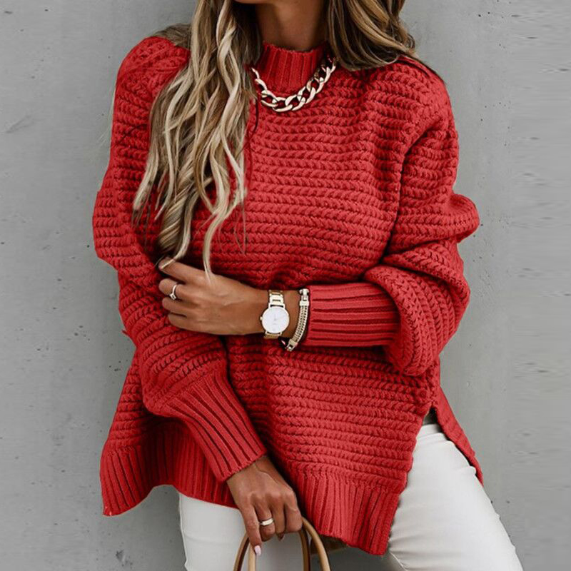 Women’s Knitted Sweater Fashion Round Neck Lantern Long-Sleeved Pullover Blouse Ladies Winter Leisure Loose Slit Women Sweater alx