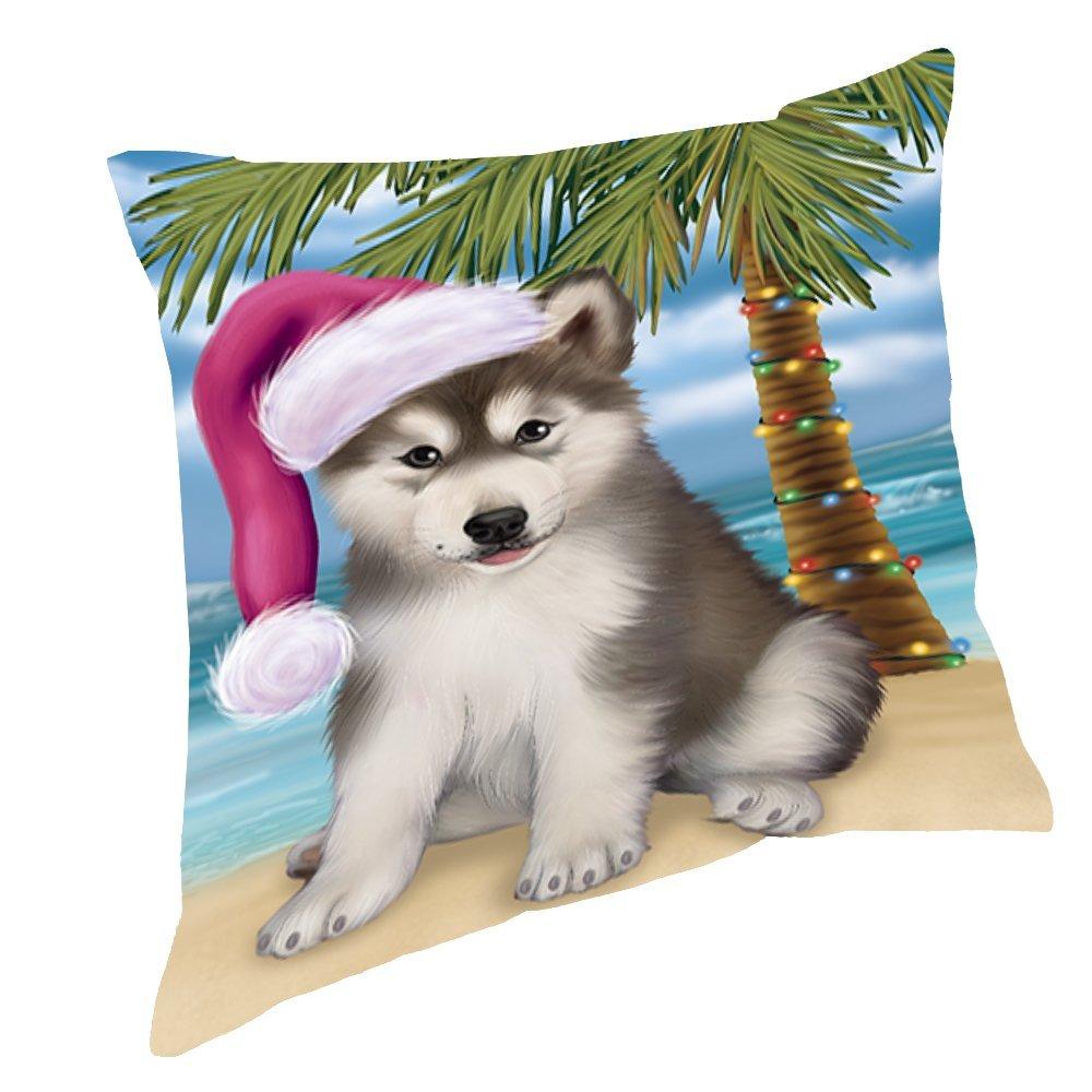 Summertime Christmas Happy Holidays Alaskan Malamute Puppy On Beach Throw Pillow Pil1364