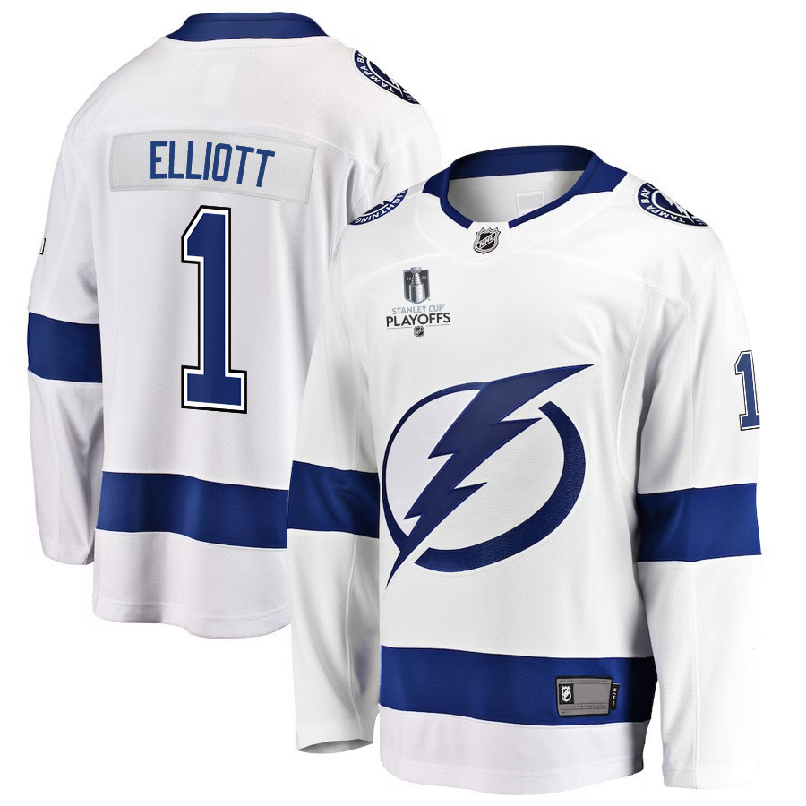 Brian Elliott 1 Tampa Bay Lightning Stanley Cup 2023 Playoffs Patch Away Breakaway Men Jersey – White