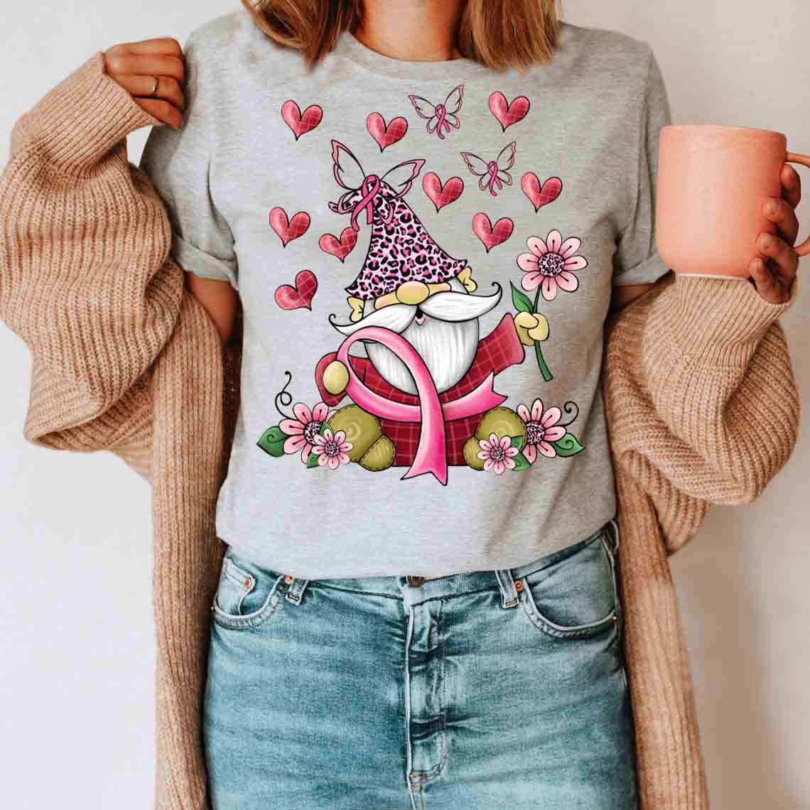 Gnome In Love Shirt – Breast Cancer Awareness T-Shirt Gifts For Mom Daughter Friends Hoodies Sweater Pink