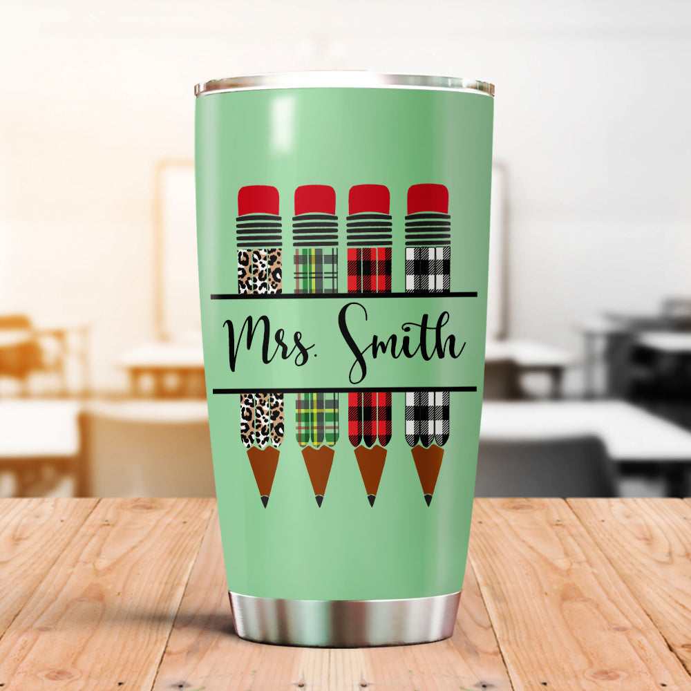 Personalized Tumbler For Teacher Leopard Red Plaid Pencil  20Oz Travel Cup Custom Name Gifts For Back To School