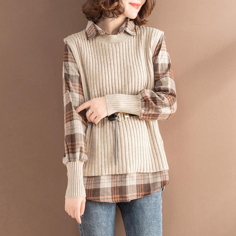 Casual Plaid Shirts And Knitted Vests 2 Piece Sets Tops Women Fall Long Sleeve Shirts+solid Sweater Waistcoats Suits With Belts alx