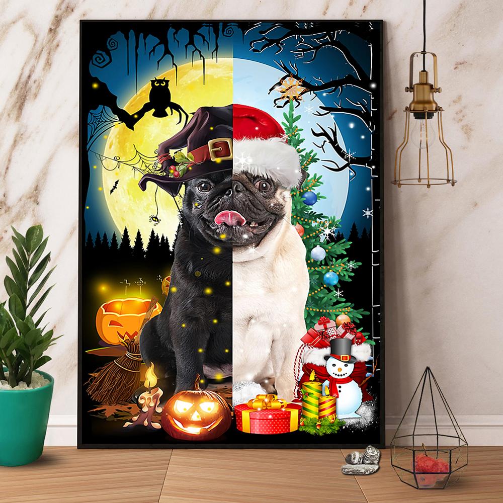 Bulldog Witch And Bulldog With Christmas Hat Halloween Gift Christmas Gift Canvas And Poster, Canvas Prints, My Poster Wall, Canvas Wall Art, Wall Decor Visual Art, Halloween Gift, Happy Halloween