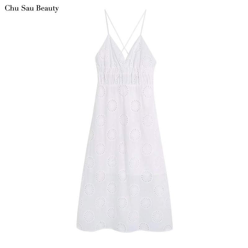 2022 New Women White Hollow Embroidered Sling Dress Za Fashion Cotton Sleeveless Dress Casual Vacation Beach Dress alx