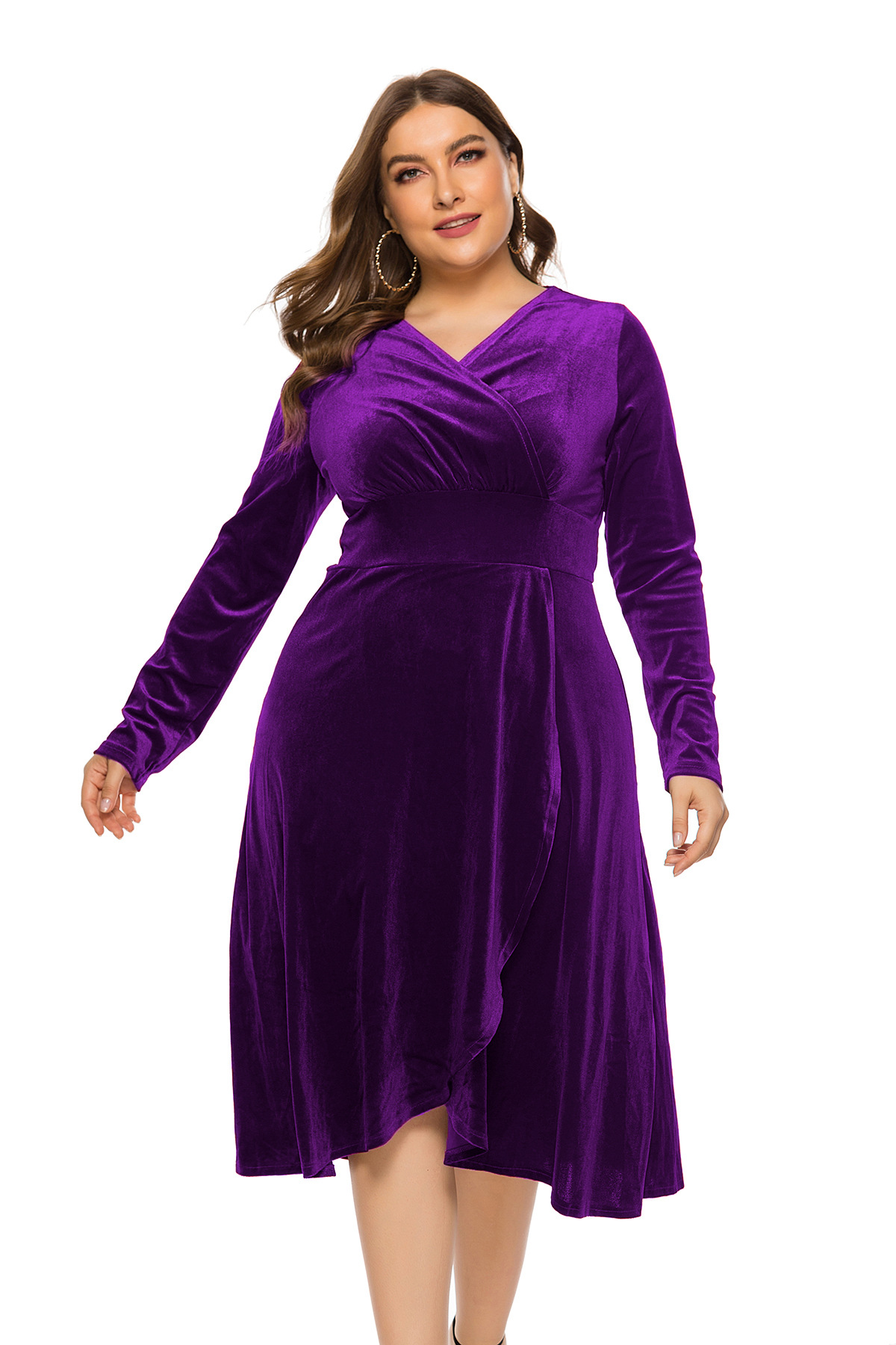 Autumn Women’s Velvet Midi Dress Long Sleeve Winter Mid-Calf V-Neck Evening Party Elegant Dresses Irregular Plus Size Clothes alx