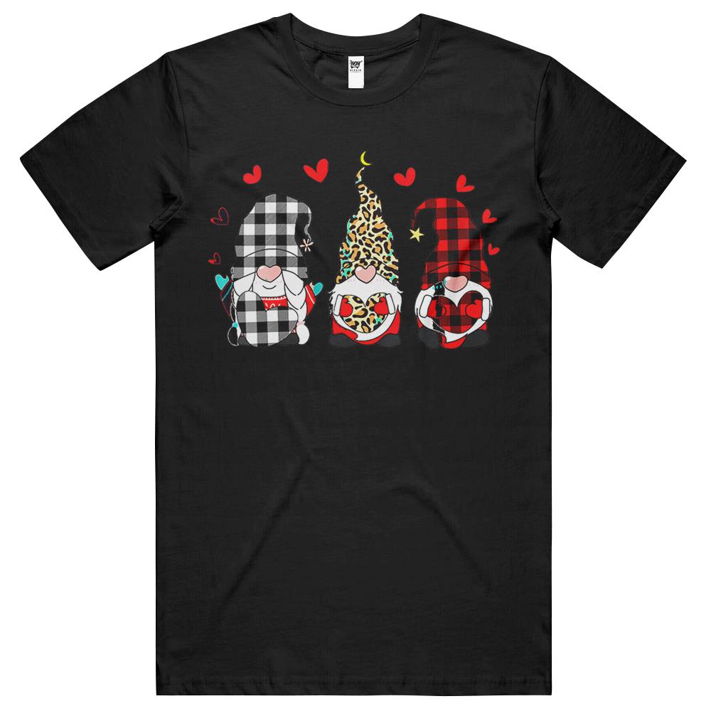 Womens Three Gnomes Holding Hearts Valentines Day Leopard Red Plaid T Shirts