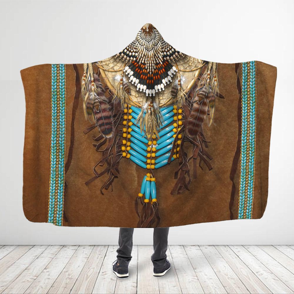 Native American Style 3D All Over Printed Turquoise Beads – Brown Hooded Blanket