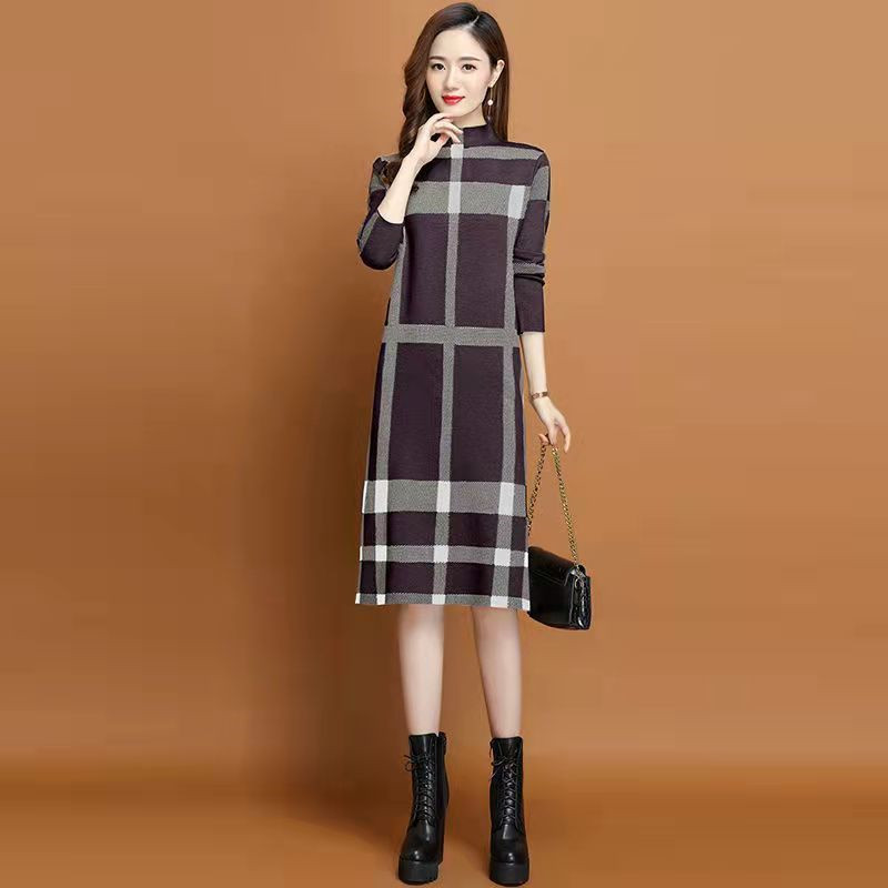 Women Dress Spring Autumn 2022 New Casual Knitting Sweater Plaid Patchwork Turtleneck Pullover Bottom Knee-Length Female Clothes alx