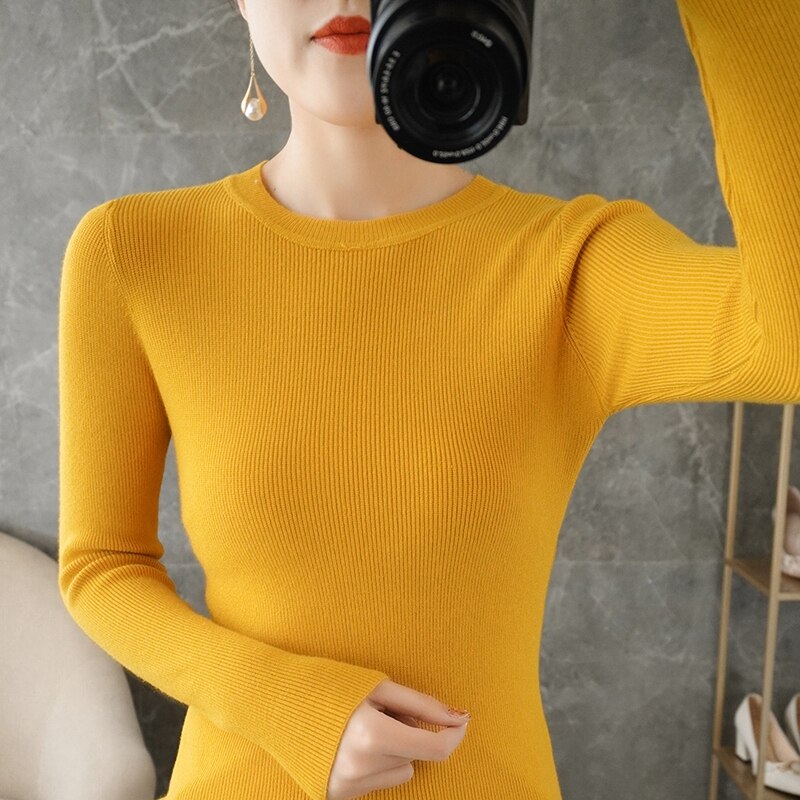 Spring and autumn New Women Solid O-neck Cashmere Knitted Inner Sweaters Autumn Ladies Fashion Bottoming Sweater alx