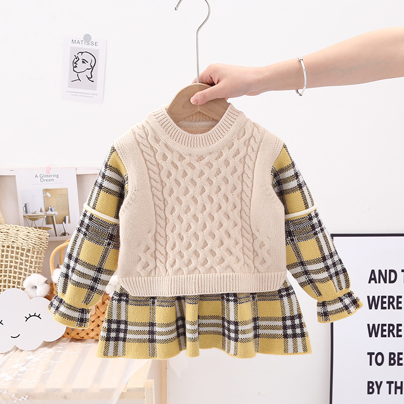 2021 Fur Kids Children Sweater Plaid Round Neck Thick Stitch Pullover Dress Girls Baby Girl Einter Clothes Jumper Kid Sweaters alx