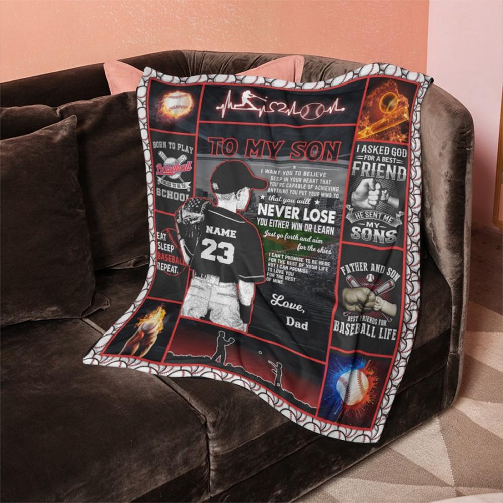 Customize Name And Number To My Son From Love Dad Love Baseball Quilt Blanket