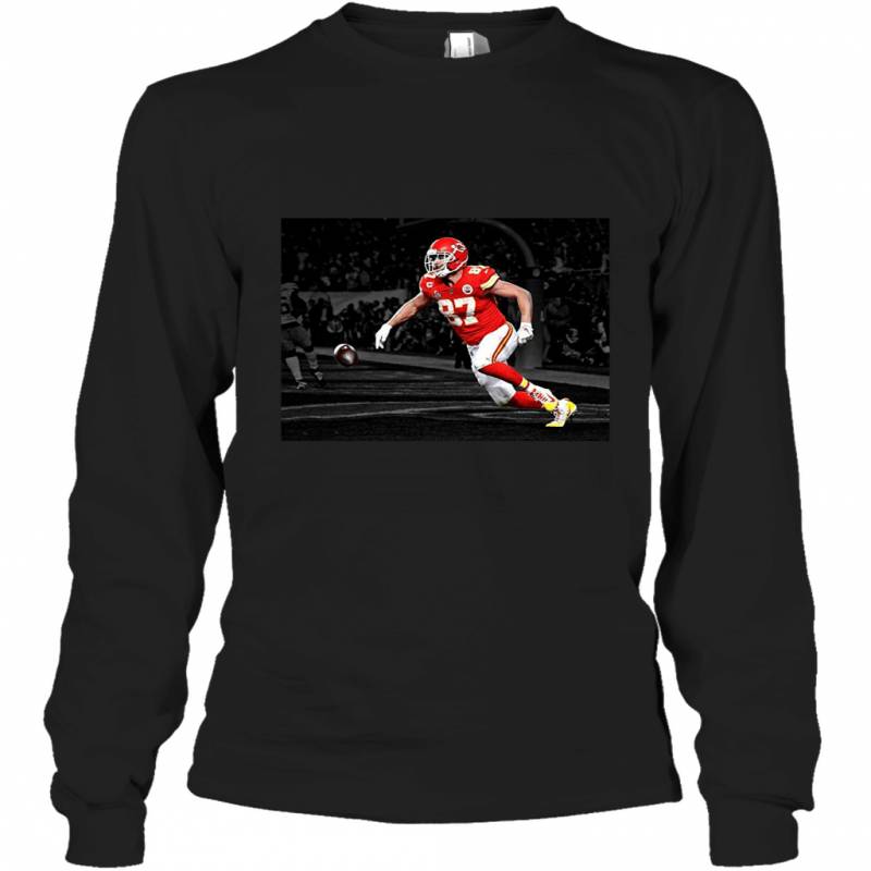 Super Bowl 54 Kansas City Chiefs Travis Kelce Celebrates In The End Zone During The Super Bowl Long Sleeve T-Shirt