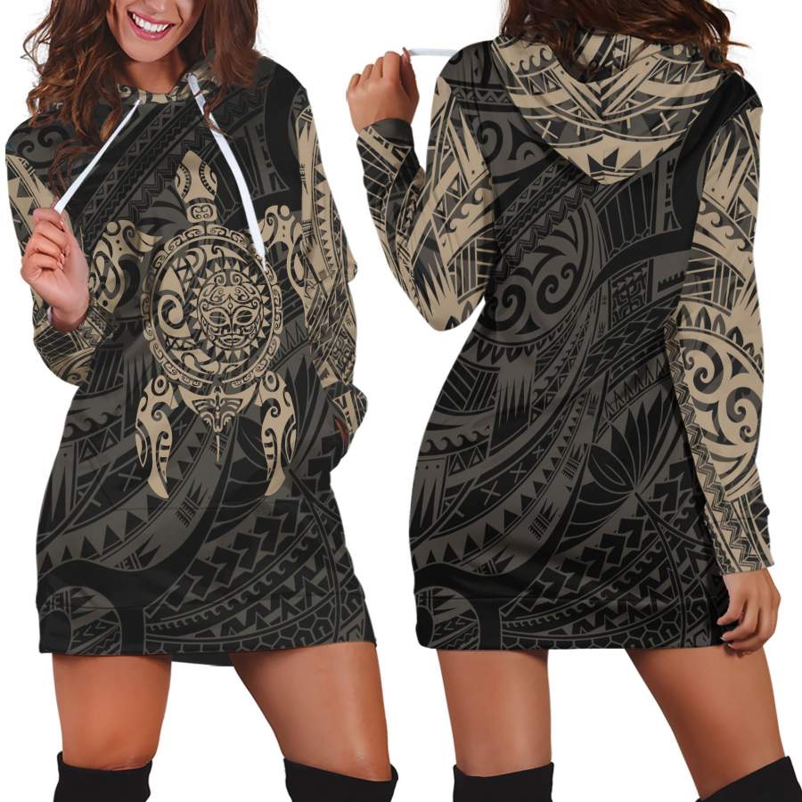 3D All Over Turtle Maori Tattoo Hoodie Dress Gold