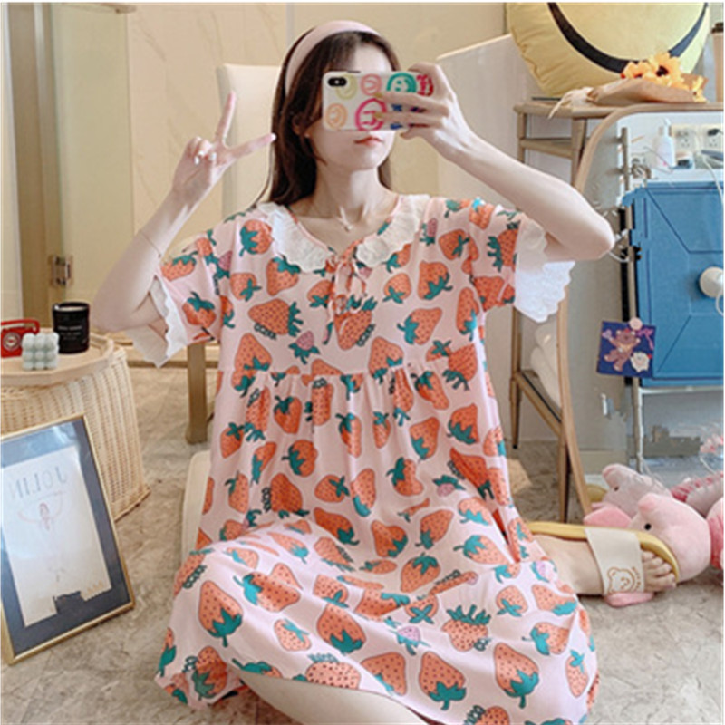 UHYTGF Women’s Pajamas Printed Cotton Silk Thin Home Clothes Summer Nightdress Female Dress Short Sleeve Sleepwear Ladies 2493 alx