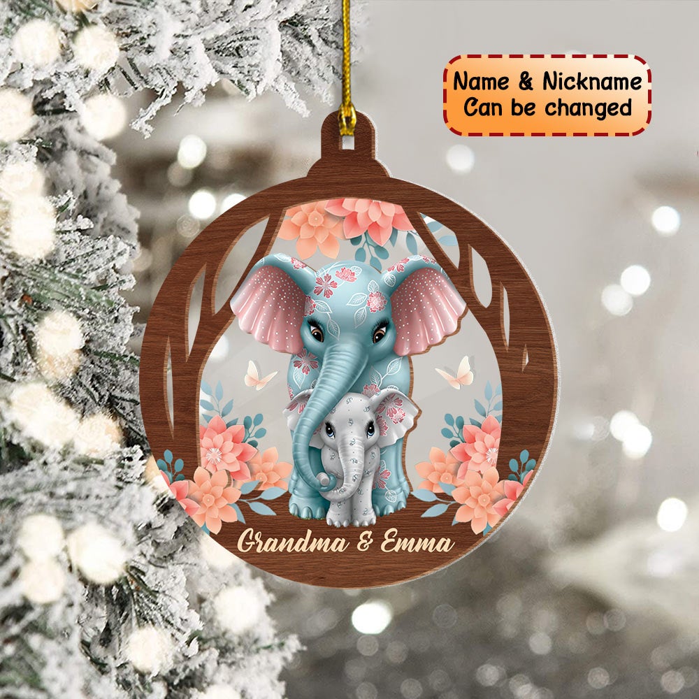 Personalized Grandma Elephant Flower Ornament Grandma And Grandkids Name Elephant Flower Ornament Hn98