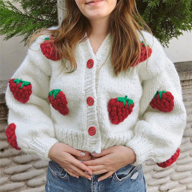 Women’s Strawberry Knitted Sweater Cardigan Puff Sleeve V Neck Button Down Oversized Cropped Coat Fall Winter Outwear Streetwear alx